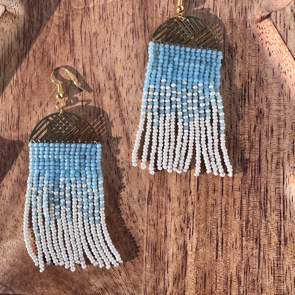 Elegant Blue and White Beaded Earrings - Picture 1 of 1